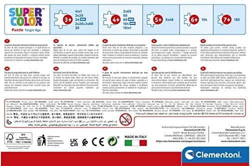 Achterkant van Clementoni Supercolor puzzeldoos met specificaties en waarschuwingen.