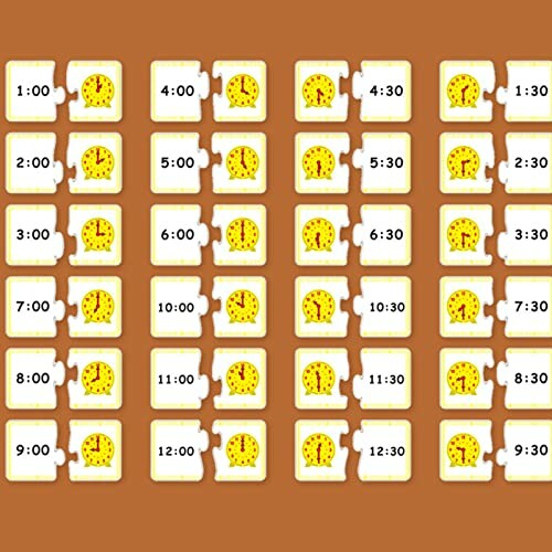 Puzzelstukjes met tijden en klokafbeeldingen voor leren klokkijken.