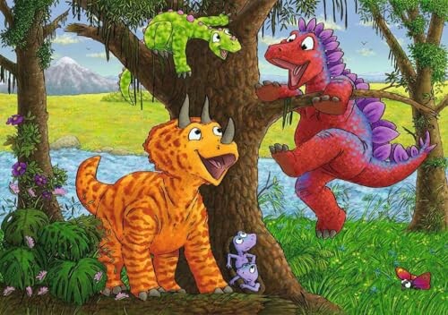 Vrolijke cartoon dinosaurussen spelen in een bos