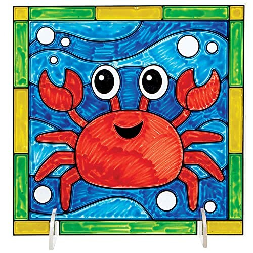 Kleurrijke tekening van een lachende krab in een glazen raamstijl