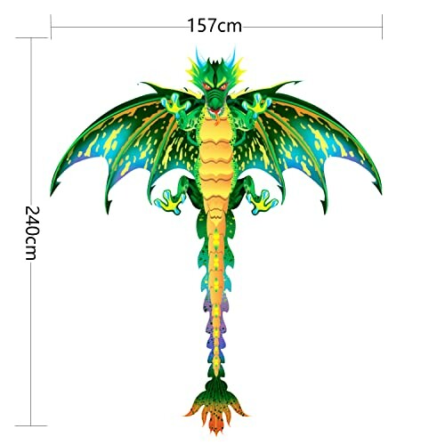 Groene en gele drakenvlieger met afmetingen.