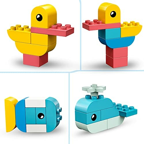 Vier LEGO-creaties: twee eendjes en twee walvissen.