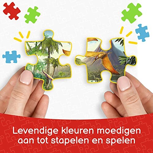 Twee puzzelstukken met levendige kleuren en dinosaurussen