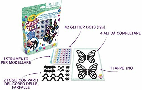 Crayola Glitter Dots vlinder knutselset met onderdelen en gereedschap.