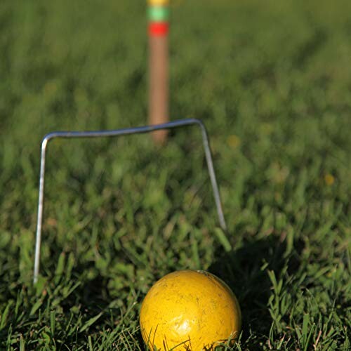 Gele croquetbal en metalen hoepel op gras