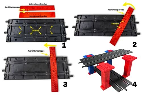 Installatie-instructies voor spoorrails met rode en zwarte onderdelen.