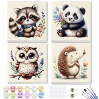 Schattige dieren schilderijen set met wasbeer, panda, uil, en egel.