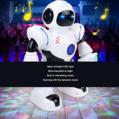 Dansende robot met LED-lichten en muziek.