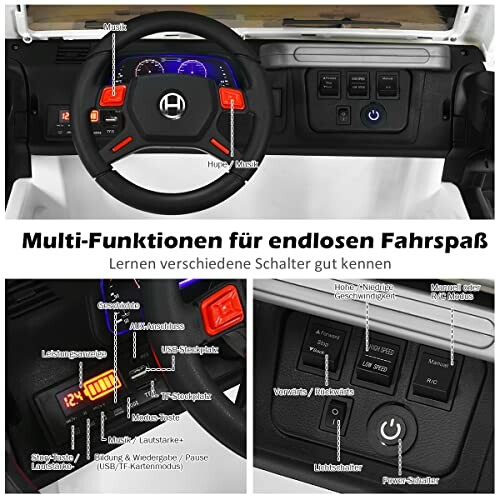 Dashboard van een speelgoedauto met verschillende functies en knoppen.