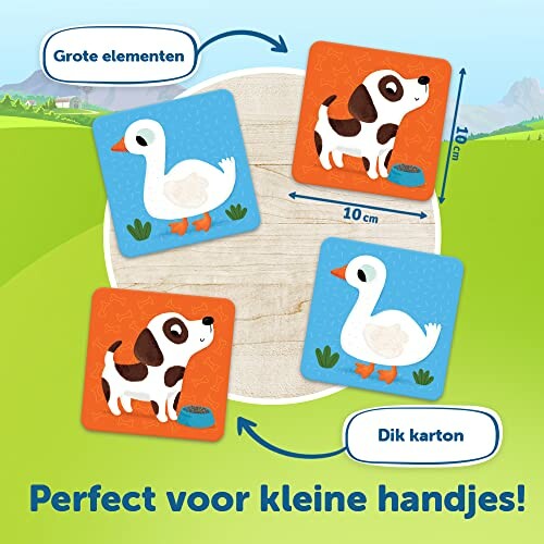 Vierkante puzzelstukken met hond en gans, perfect voor kleine handjes.