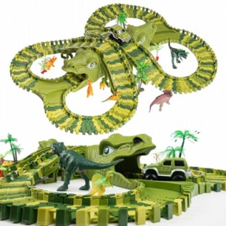 Dinosaurus racebaan speelgoed met auto's en dinosaurussen.