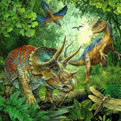 Dinosaurussen in een groene jungle met vogels en een libel.