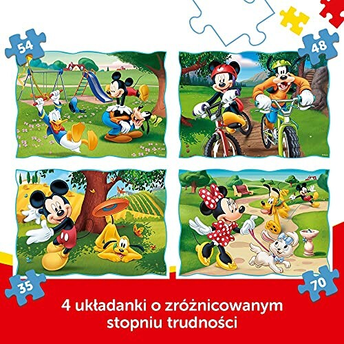 Disney-personages spelen en fietsen in kleurrijke puzzels.