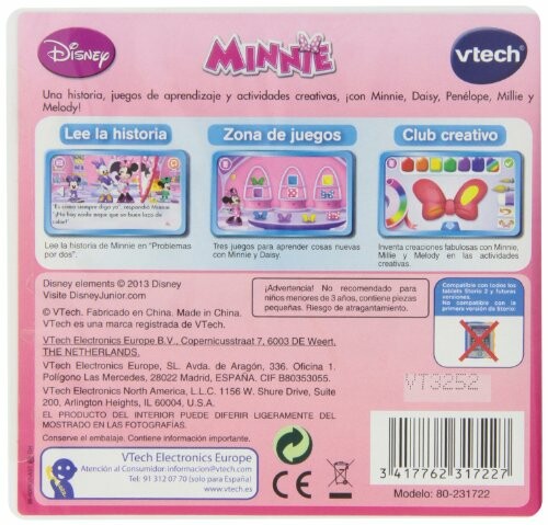 Achterkant van Disney Minnie Vtech speldoos met leer- en spelactiviteiten.