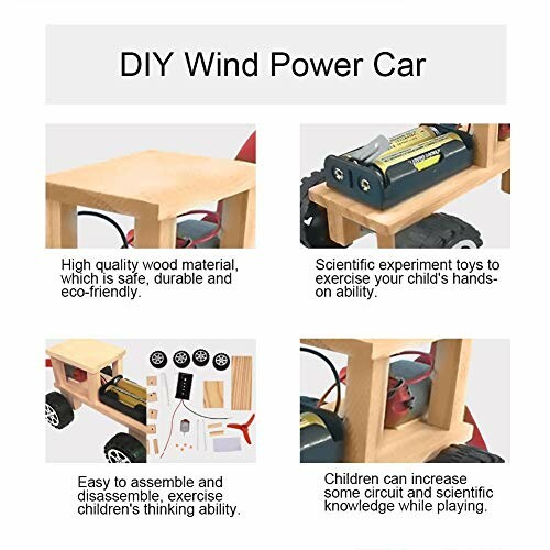 Houten windauto speelgoed voor kinderen met batterijen en onderdelen.