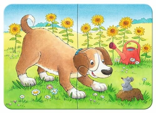 Hond en muis in een veld met zonnebloemen