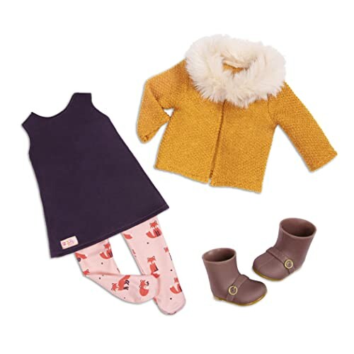 Poppenkleding set met jurk, jas, laarzen en legging