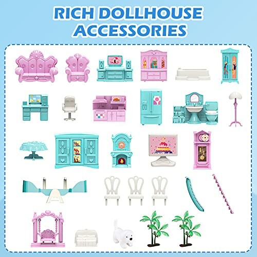 Dollhouse accessoires set met meubels en decoratie in pastelkleuren.