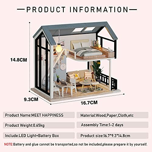 Miniatuur poppenhuis met afmetingen en productdetails