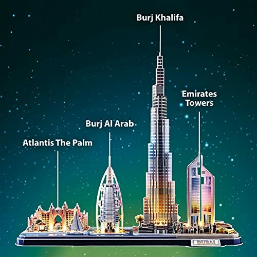 Model van beroemde gebouwen in Dubai, waaronder Burj Khalifa en Burj Al Arab.