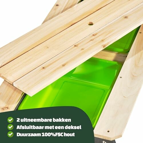 Houten speeltafel met groene bakken en deksel