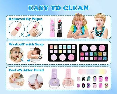 Make-up voor kinderen, makkelijk te verwijderen met doekjes, zeep of na drogen.