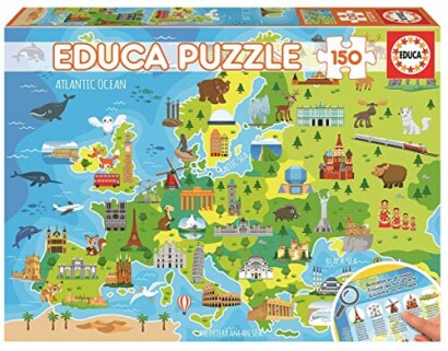 Educatieve puzzel van Europa met dieren en gebouwen.