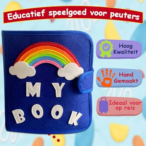 Educatief boek voor peuters met regenboog en tekst.