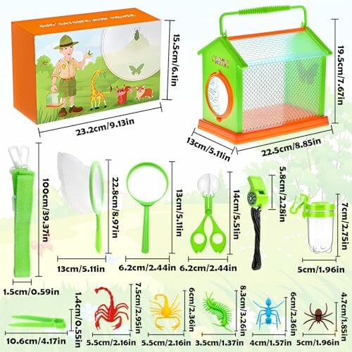 Kinderspeelgoed insectenvanger met accessoires en afmetingen.