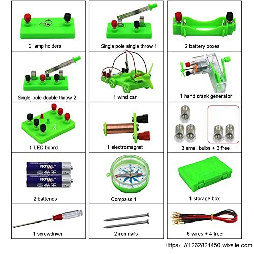 Onderdelen van een educatieve elektronica kit, waaronder batterijen en een handkrukgenerator.