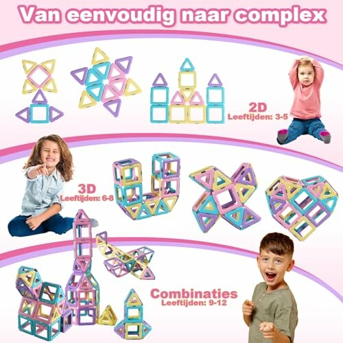 Kinderen spelen met magnetische bouwtegels in verschillende vormen en structuren.