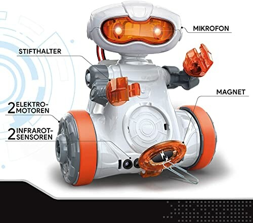 Wit en oranje educatieve robot met labels voor stifthouder, elektromotoren, infraroodsensoren, microfoon en magneet.