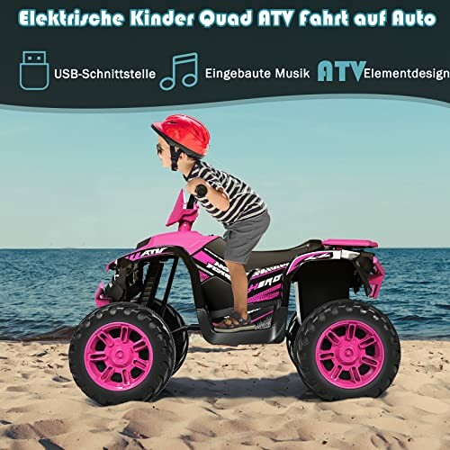 Kind op roze elektrische quad aan het strand