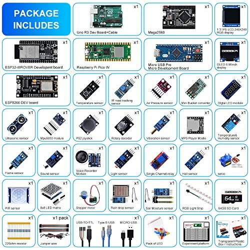 Elektronica-onderdelenpakket met diverse modules en sensoren.