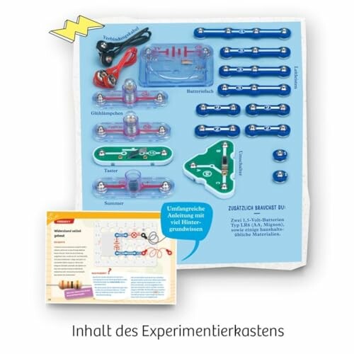 Onderdelen van een elektronica experimentenkit met handleiding.