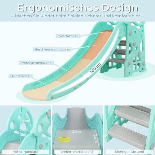 Ergonomisch ontwerp van een kinderspeelglijbaan met verschillende onderdelen gemarkeerd.