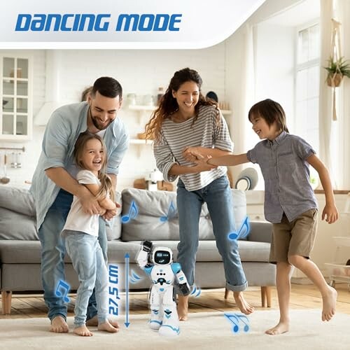 Gezin danst met robot in woonkamer.