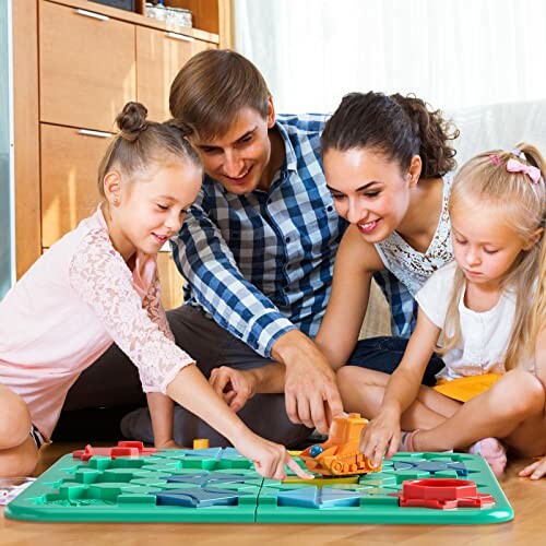 Gezin speelt bordspel samen op de vloer.