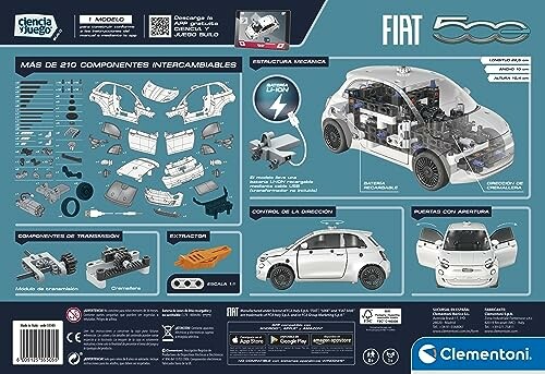 Educatieve bouwkit van een Fiat 500-model met technische onderdelen en instructies.