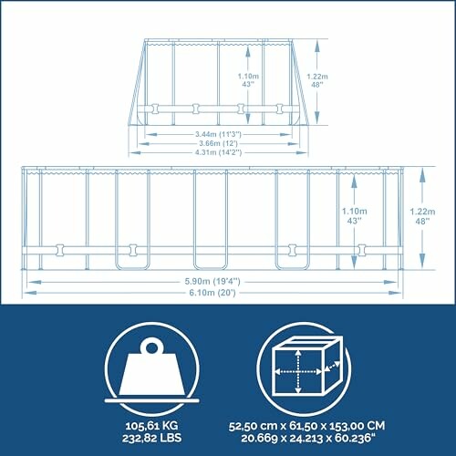 Technische tekening van een frameconstructie met afmetingen en gewichtsinformatie.