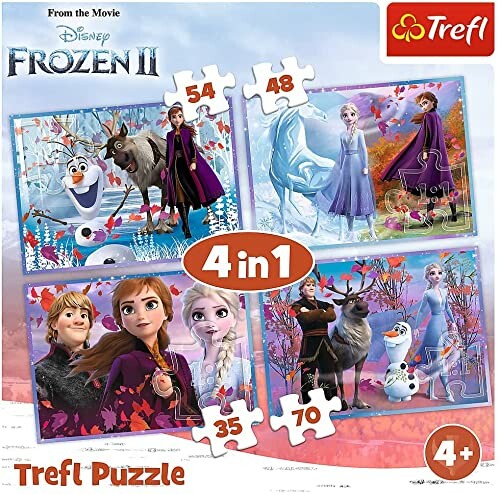 Vier puzzels van Frozen 2 met personages zoals Elsa, Anna en Olaf.