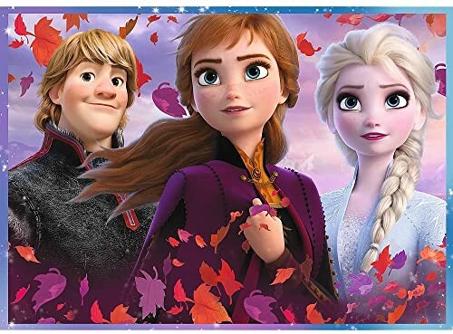 Personages van Frozen met herfstbladeren op de achtergrond.