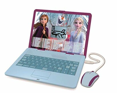 Kinderlaptop met Frozen-personages op het scherm.