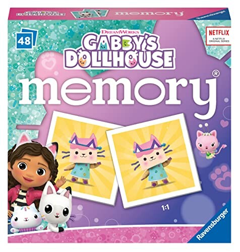 Memoryspel van Gabby's Dollhouse met kaarten en personages.