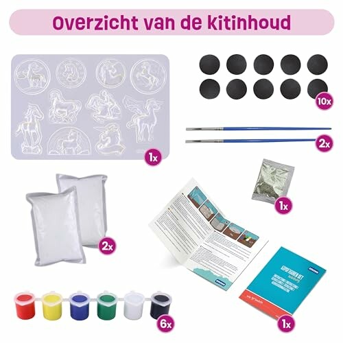 Overzicht van de inhoud van een gips kunst set met verf en borstels.