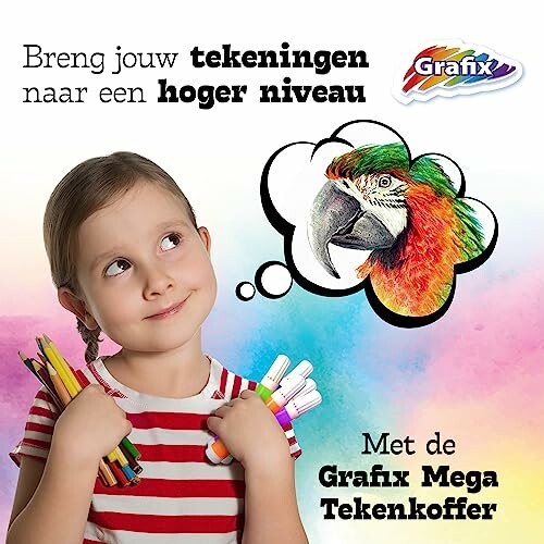 Meisje denkt aan een papegaai met Grafix tekenkoffer