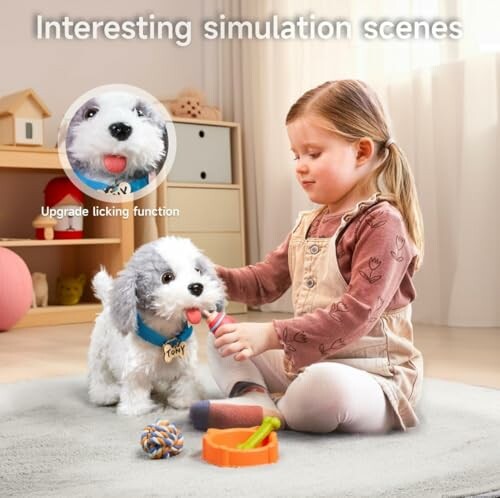 Meisje speelt met interactieve speelgoedhond.