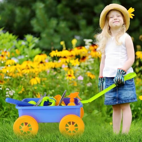 Meisje met speelgoedtuinwagen in bloemenveld.