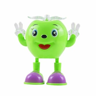 Groene appel speelgoedfiguur met glimlach en handgebaren