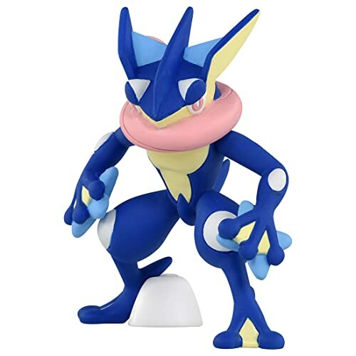 Blauw en geel Greninja-figuur met roze details